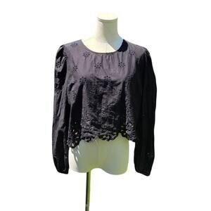 American Eagle Black Long Sleeve Eyelet Crop Top Blouse Womens Size L